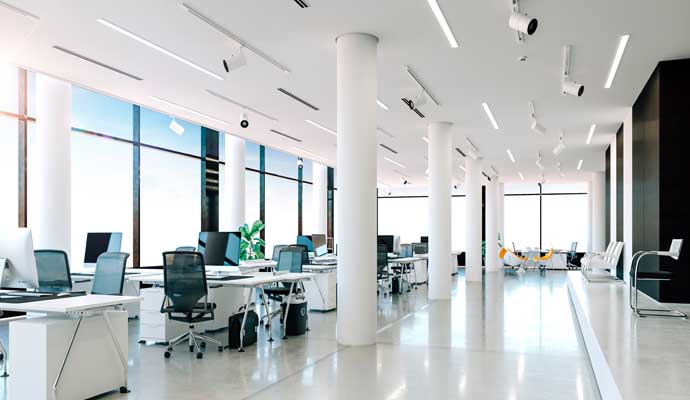 a modern office space with clean white tiled flooring