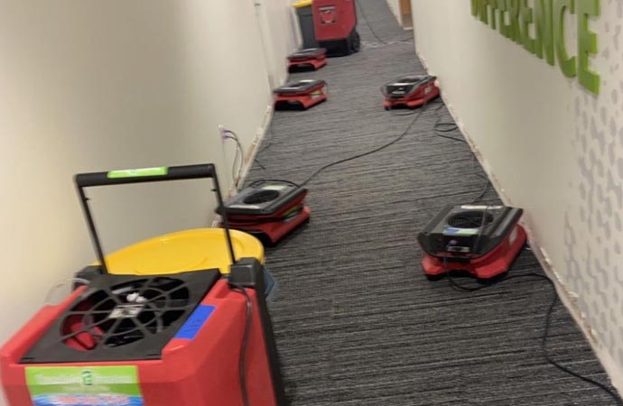 Fans and dehumidifiers are drying a wet office carpet.
