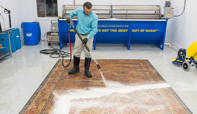 professional cleaner cleaning area rug with equipment