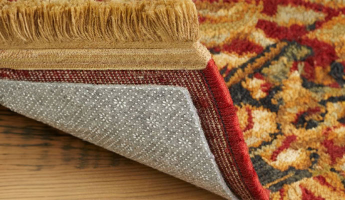 A lifted rug corner shows a pad